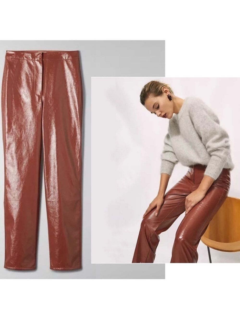 Aritzia Wilfred Rust brown tempest high rise vinyl pants high waisted Sz 4 NWOT
